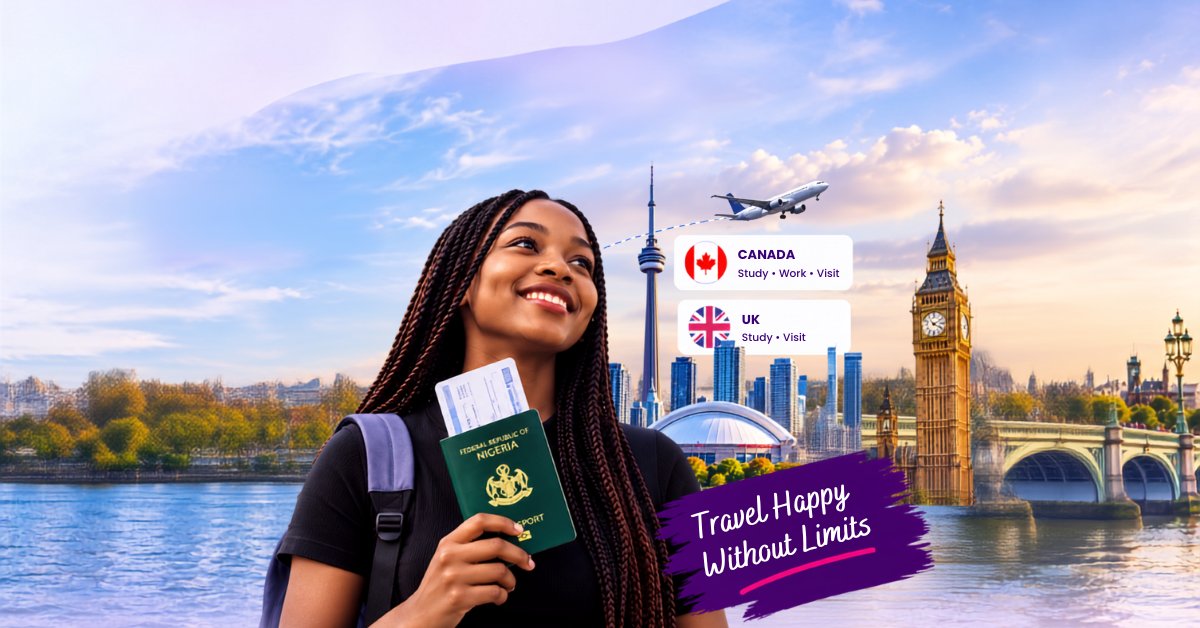 Nigerian traveller with Canada and UK landmarks